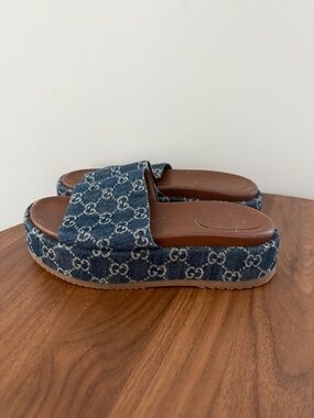 Gucci Blue Denim GG Logo Platform Slides with Brown Footbed